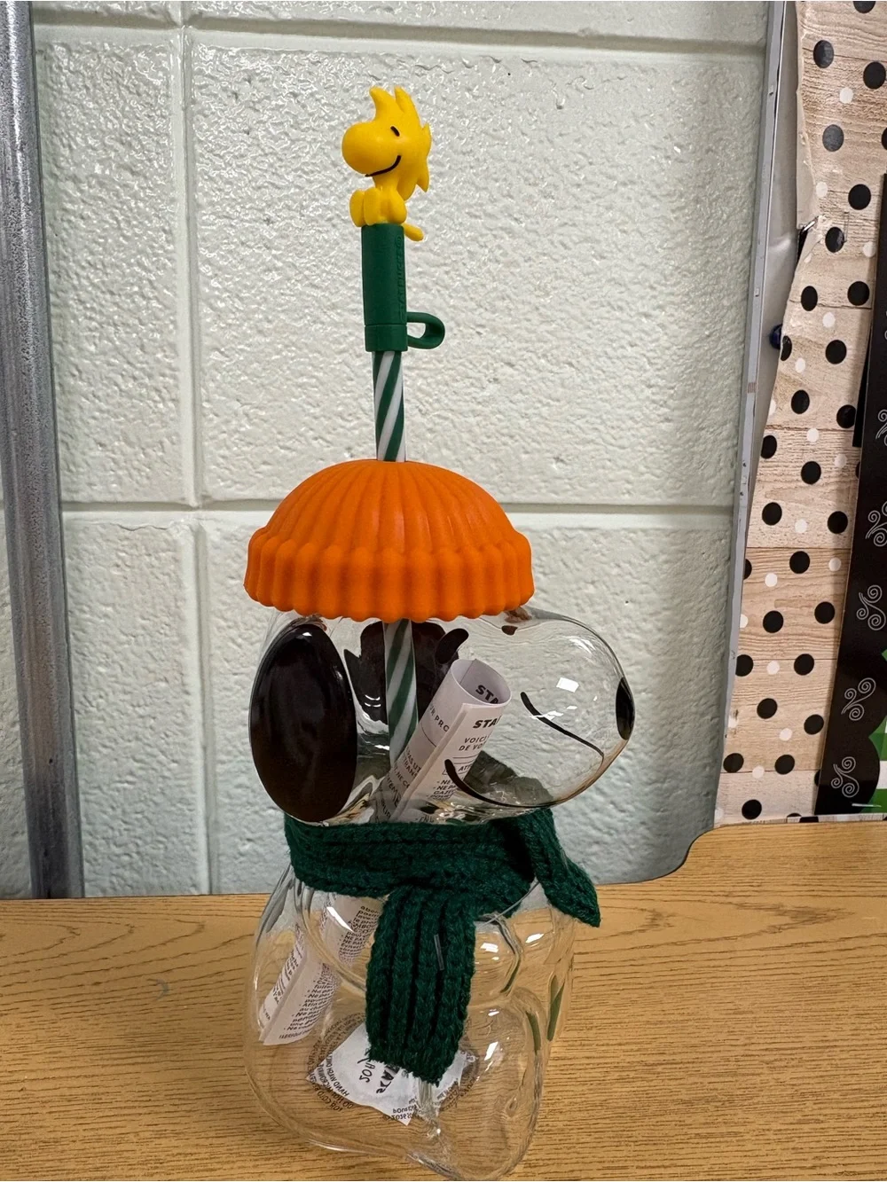 Starbucks Glass Snoopy cup with Orange Hat and Green Scarf